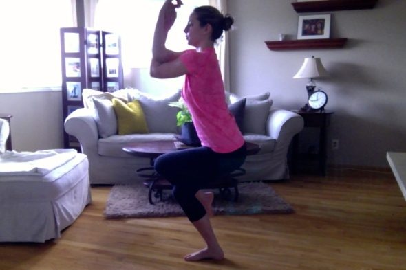 Eagle Pose: Stretches shoulders, IT Bands, and hips; strengthens arms, legs, knees and ankles, increases circulation to all joints